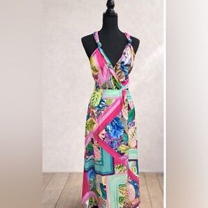 Zara Pink & Green Tropical Wrap Maxi Dress